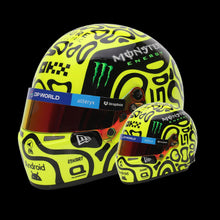 Load image into Gallery viewer, A 1:2 scale replica of Lando Norris' 2024 F1 helmet with a yellow, black, and green psychedelic pattern, including sponsor logos.