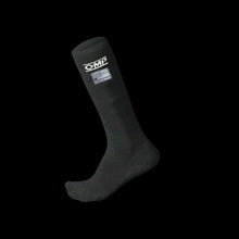 Load image into Gallery viewer, OMP Black sock with a brand logo on a gray background