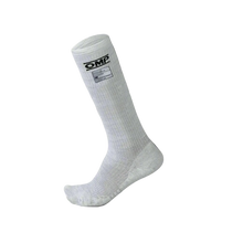 Load image into Gallery viewer, OMP White sock with a brand logo on a gray background
