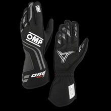 Load image into Gallery viewer, A pair of OMP 'ONE EVO-X' circuit racing gloves in black color, designed for Formula 1 racing with pre-curved fingers and high technology palm in silicon rubber for optimal grip.