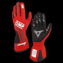 Load image into Gallery viewer, A pair of red OMP 'ONE EVO-X' circuit racing gloves with black detailing and the OMP logo visible.