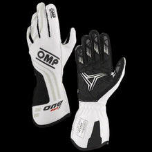 Load image into Gallery viewer, A pair of white OMP 'ONE EVO-X' circuit racing gloves with black detailing and the OMP logo visible.