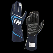 Load image into Gallery viewer, A pair of OMP 'FIRST' Circuit Racing Gloves in navy blue and cyan with silicon palm for grip, elastic band on the wrist, and branding on the cuffs.