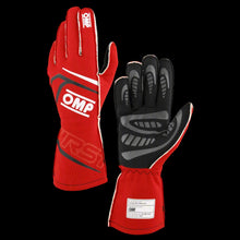 Load image into Gallery viewer, A pair of red OMP 'FIRST' circuit racing gloves with black detailing and the OMP logo visible.