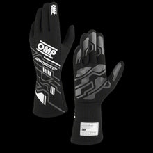 Load image into Gallery viewer, Black racing gloves with gray accents and OMP branding on a gray background
