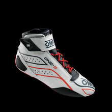 Load image into Gallery viewer, A white OMP 'ONE-S' circuit racing boot with red and black accents, featuring a Velcro ankle strap and branded with OMP logos.
