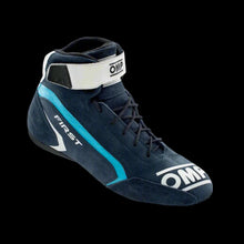 Load image into Gallery viewer, A single circuit racing boot with blue, white, and cyan colors, featuring a lace-up closure and the OMP brand logo.
