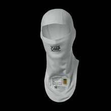 Load image into Gallery viewer, A white OMP 'ONE EVO' circuit racing balaclava with the brand logo visible on the fabric.