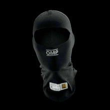 Load image into Gallery viewer, Black OMP 'TECNICA EVO' circuit racing balaclava with the brand logo visible on the fabric.