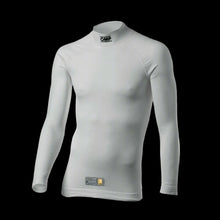 Load image into Gallery viewer, AN OMP white long-sleeved crew-neck racing underwear top with anti-rubbing seams and 3D knitting inserts for cooling.