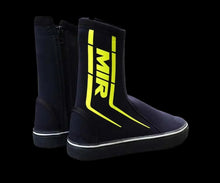 Load image into Gallery viewer, A pair of MIR branded black and yellow neoprene karting boots with a rubber sole.