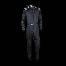 Load image into Gallery viewer, A youth kart suit in black and anthracite colors, featuring a long-sleeved top and pants, designed for karting activities.

