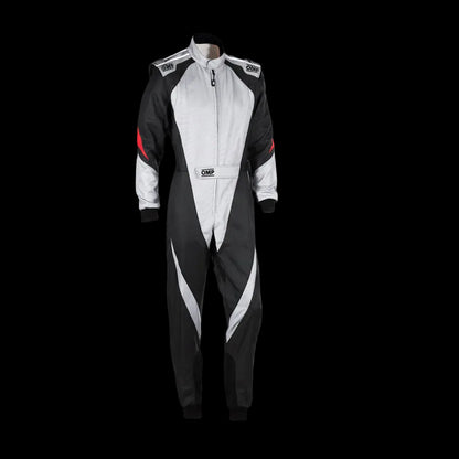 OMP Black and white racing suit with red accents on a white background