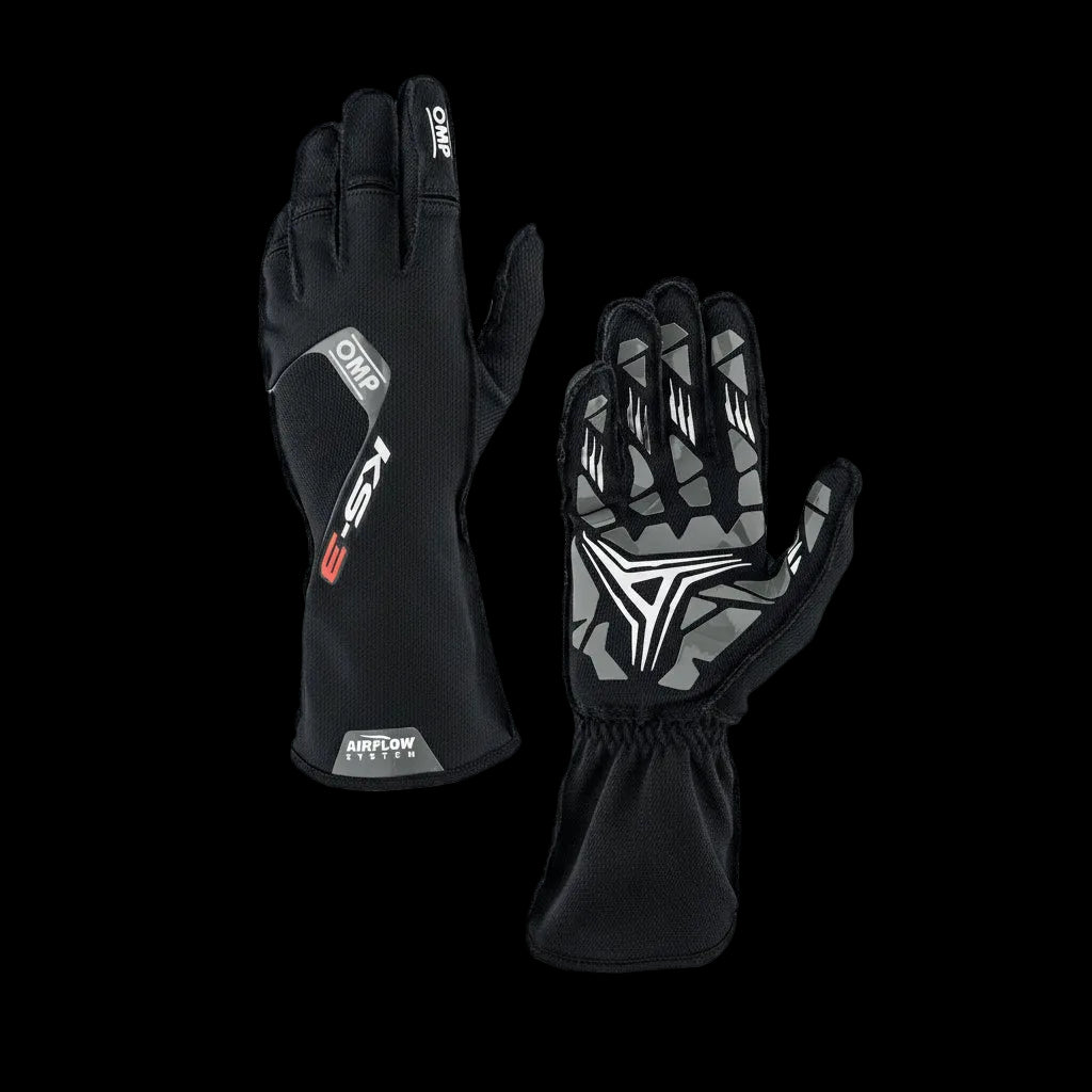 OMP Black racing gloves with brand logos on a white background
