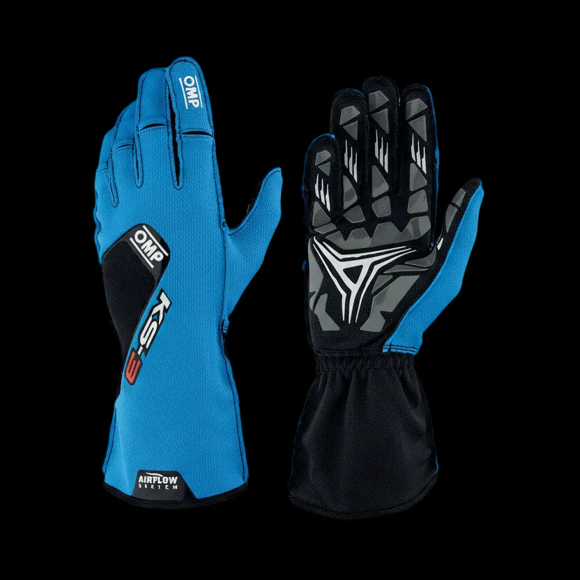 OMP Blue and black racing gloves on a white background