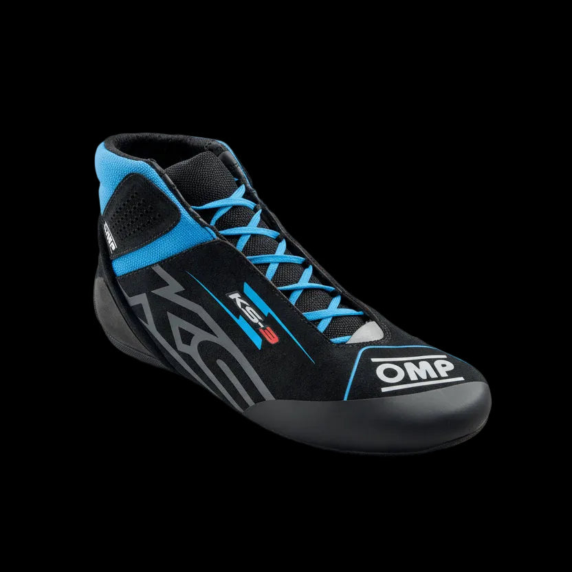 Black and blue racing shoe with OMP branding on a white background