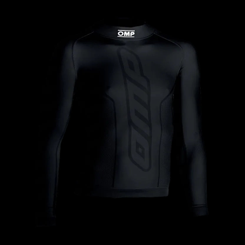 Black long-sleeve compression shirt with OMP logo on a white background