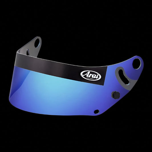 Blue mirrorized visor for ARAI GP-7 helmets, featuring a medium tint and constructed of 3mm Lexan coated composite.