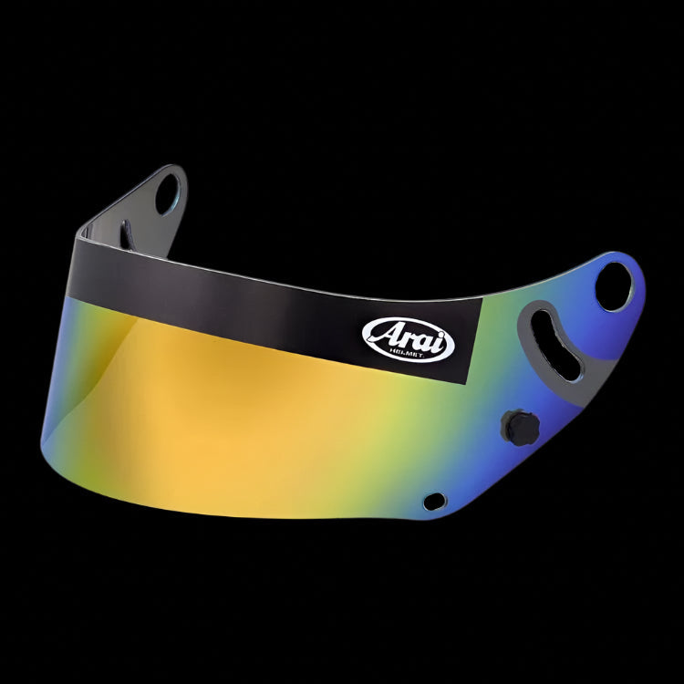 Gold mirrorized visor for Arai GP-7 helmets, featuring a reflective surface with black and blue accents.