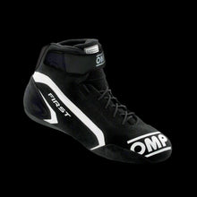 Load image into Gallery viewer, A single OMP 'FIRST' circuit racing boot in black color with a white logo, showcasing the side profile of the boot with the ankle strap and brand markings.
