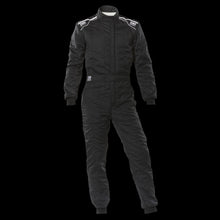 Load image into Gallery viewer, OMP Black racing suit with white accents on a white background

