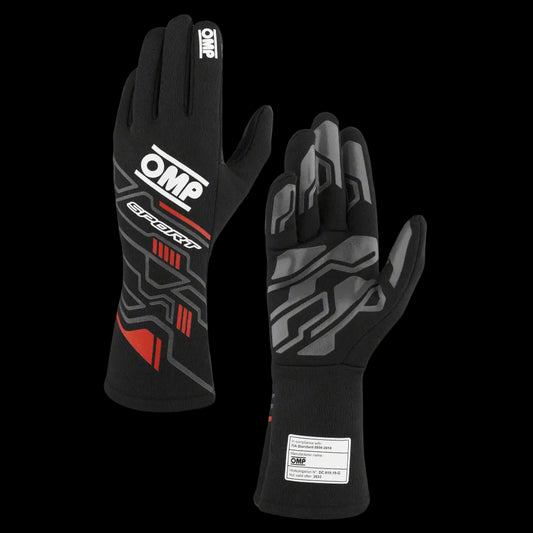 Black racing gloves with OMP branding on a white background