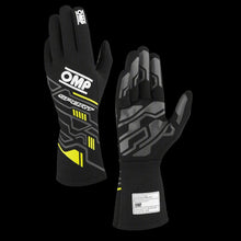 Load image into Gallery viewer, Pair of black racing gloves with OMP branding on a white background
