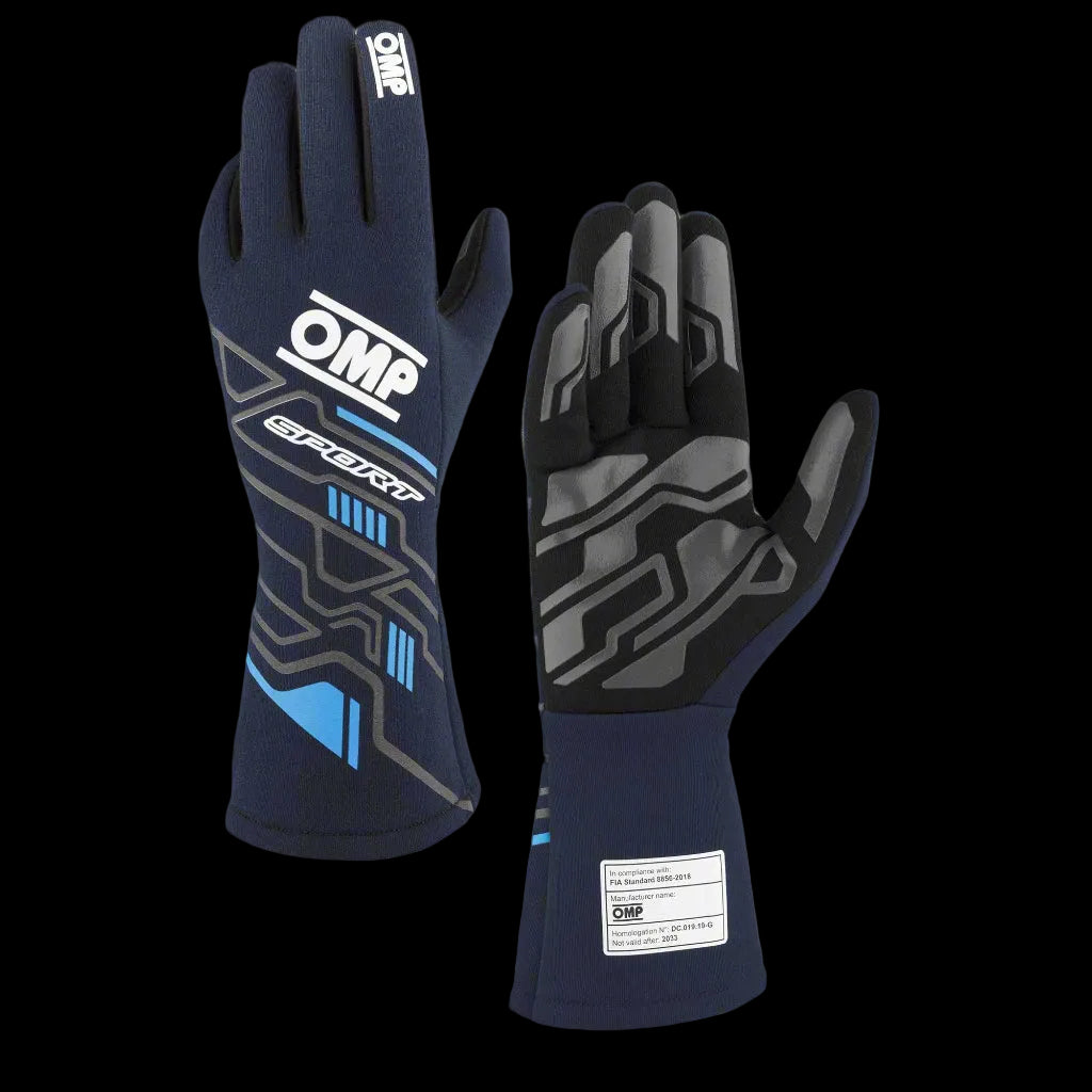 Pair of racing gloves with OMP branding on a white background