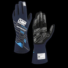 Load image into Gallery viewer, Pair of racing gloves with OMP branding on a white background
