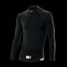 Load image into Gallery viewer, AN OMP long-sleeved black underwear top with a high neck, designed for circuit racing, with a visible brand tag on the bottom.
