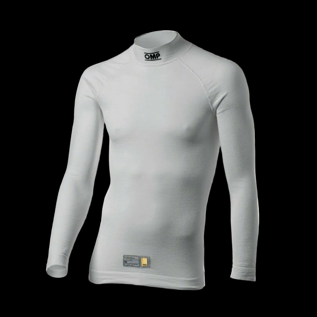 AN OMP white long-sleeved crew-neck racing underwear top with anti-rubbing seams and 3D knitting inserts for cooling.