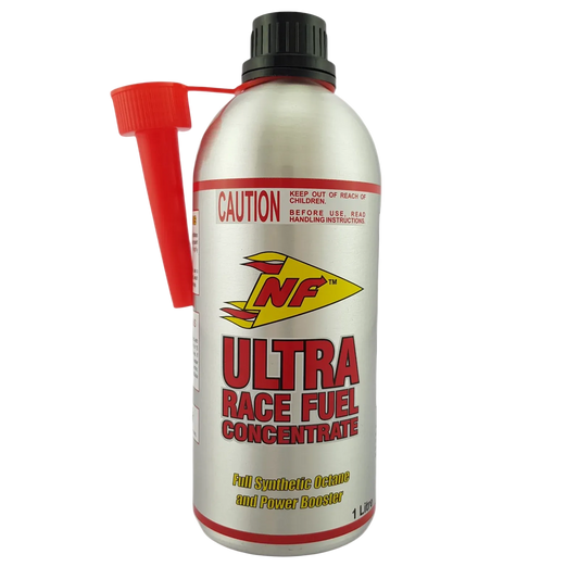 An NF Ultra Race Fuel Concentrate can with a red spray nozzle attached, featuring a silver body and a black cap on a white background.