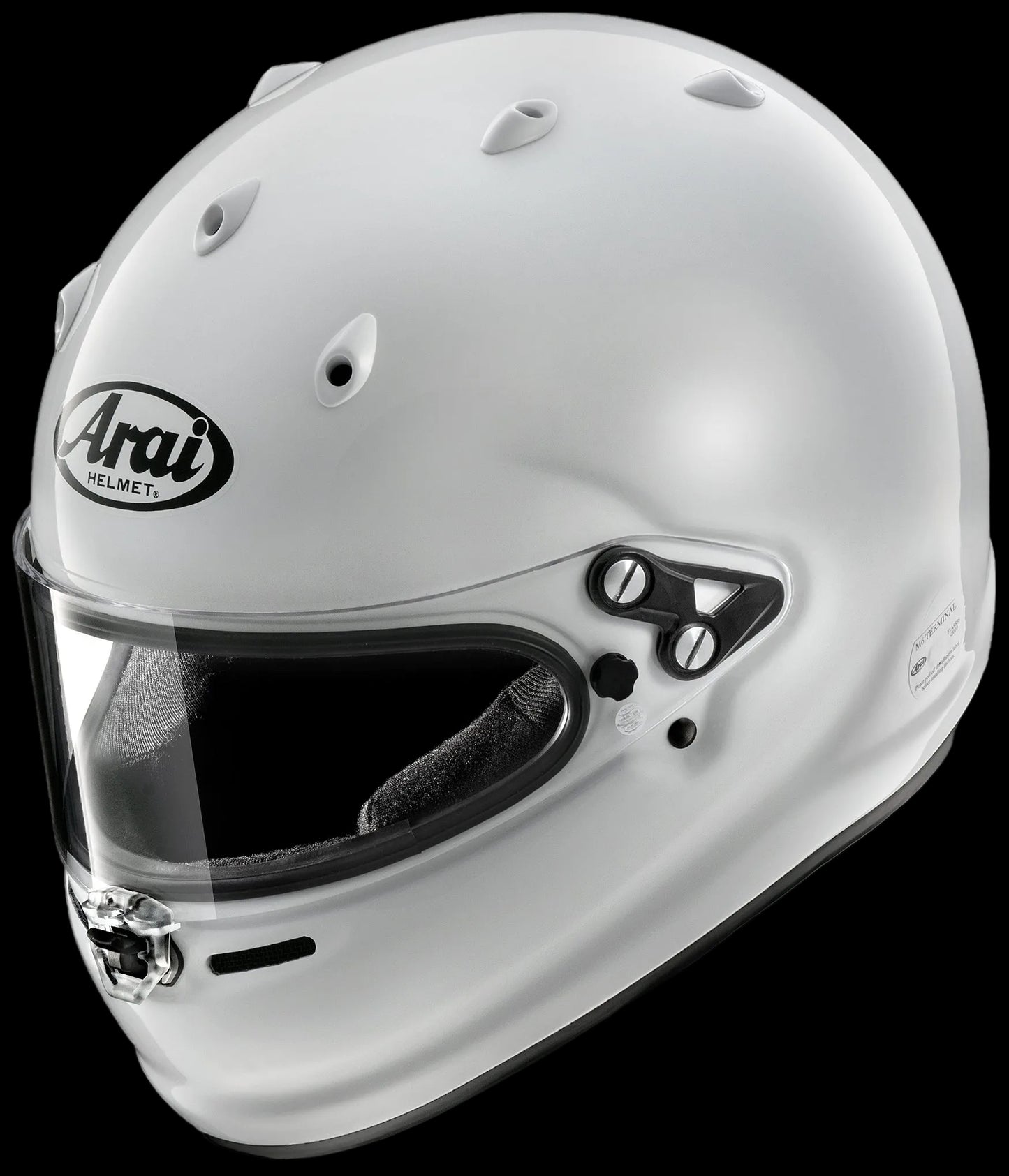 A white Arai full-face helmet with a clear visor, shown from a three-quarters angle against a white background.