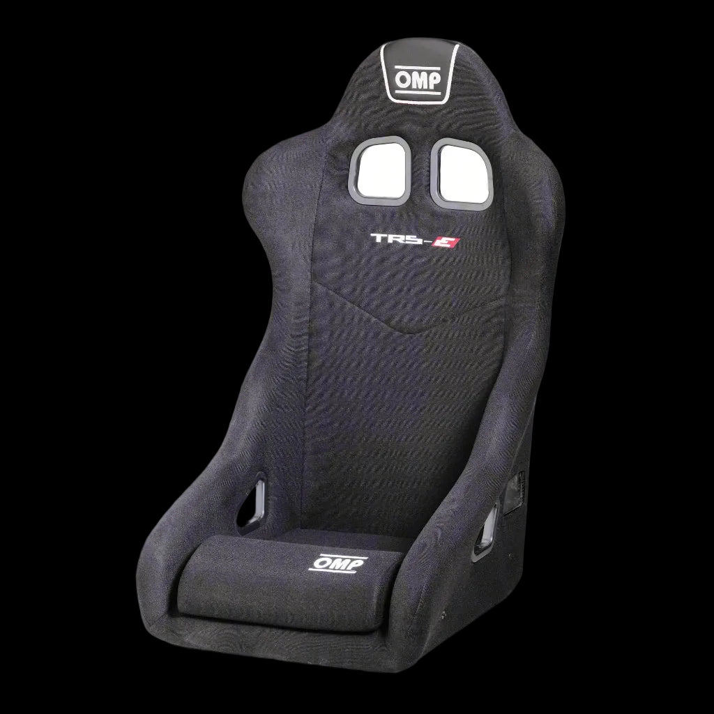 Extra large black OMP TRS XL racing seat with side bolsters and harness slots, upholstered in fabric, tubular steel frame, for track racing.