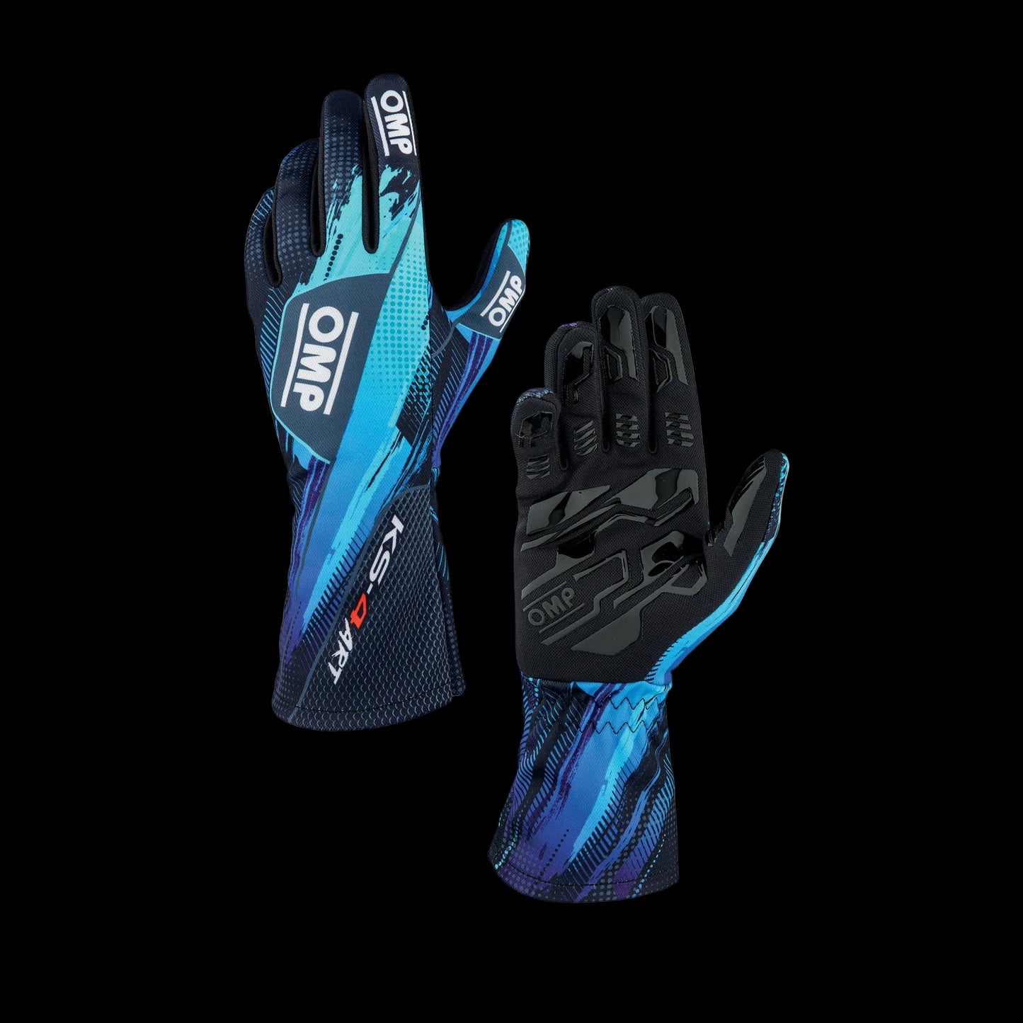 OMP KS-4 'ART' Kart Gloves - BLACK / CYAN (Kids to Adult Sizes 5XS-XL)