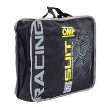 Load image into Gallery viewer, Black and gray racing suit bag with 'OMP' branding on a white background
