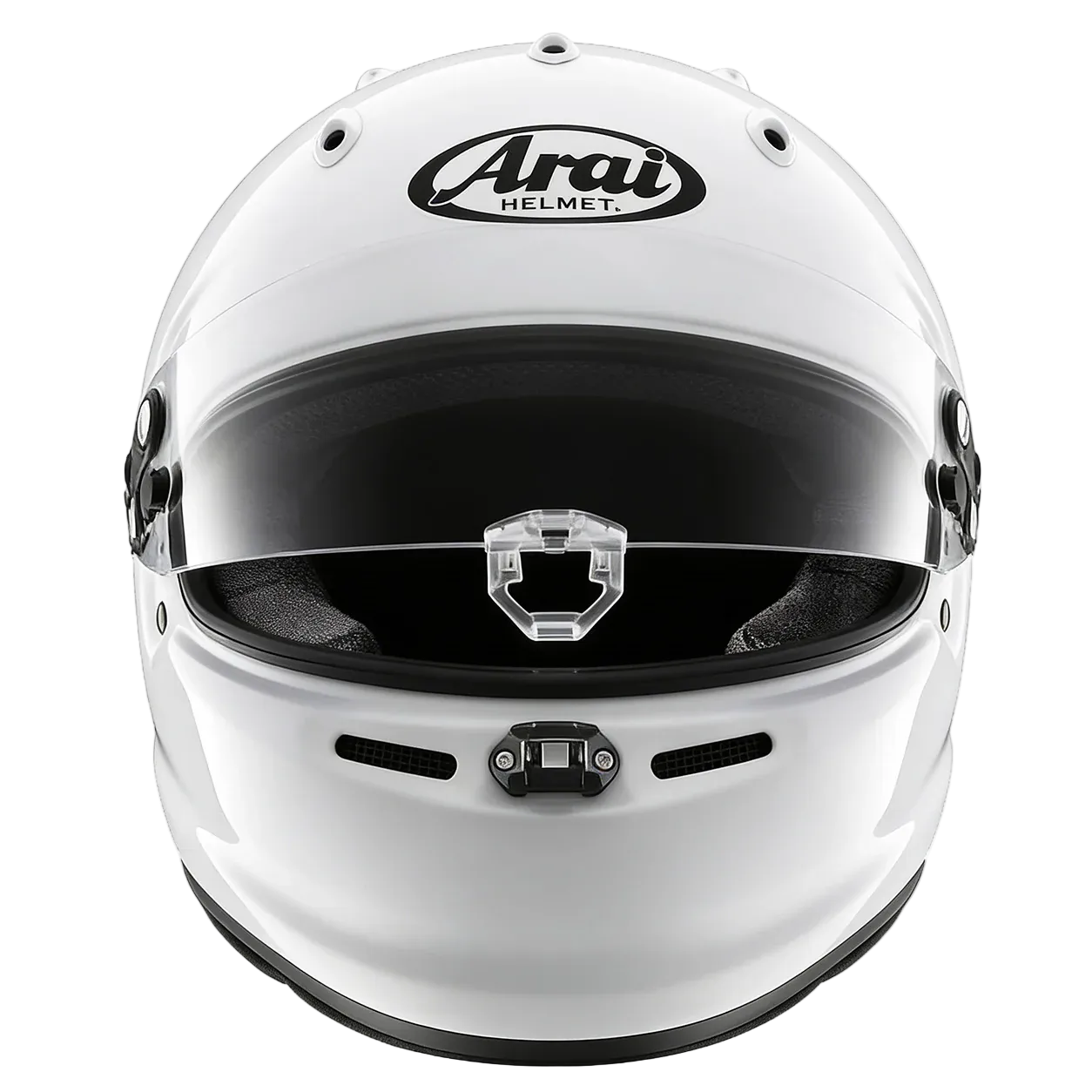 A white Arai full-face racing helmet with a black visor and a clear chin strap buckle, shown from a front-facing perspective on a white background.