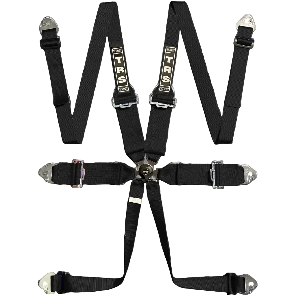 A black 6-point 'ATS Magnum' race harness with FIA homologation labels, featuring shoulder and lap straps, adjusters, and a quick-release buckle.