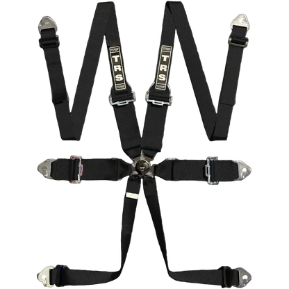 A black 6-point 'ATS Magnum' race harness with FIA homologation labels, featuring shoulder and lap straps, adjusters, and a quick-release buckle.