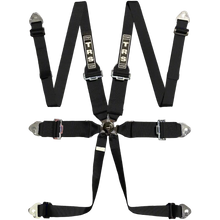 Load image into Gallery viewer, A black 6-point 'ATS Magnum' race harness with FIA homologation labels, featuring shoulder and lap straps, adjusters, and a quick-release buckle.
