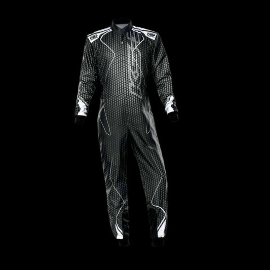 A 'OMP KS-3R ART' kart suit in black and silver for adults, displayed against a grey background.