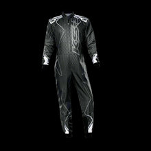Load image into Gallery viewer, A 'OMP KS-3R ART' kart suit in black and silver for adults, displayed against a grey background.
