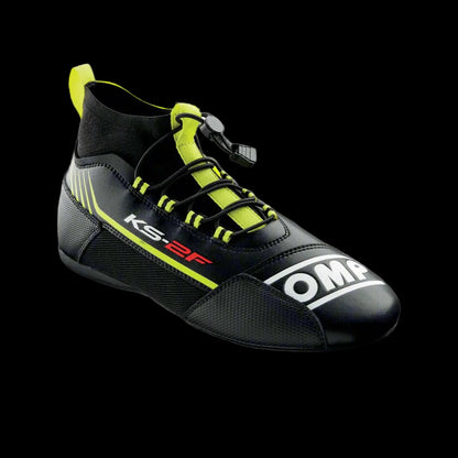 OMP KS-2F Kart Boot in black with fluro yellow accents, featuring a lace-up closure and branding on the side.