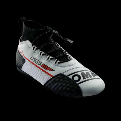 A pair of OMP 'KS-2F' Kart Racing Boots in black, featuring a lace-up front, ankle socks, and technical reinforcements.