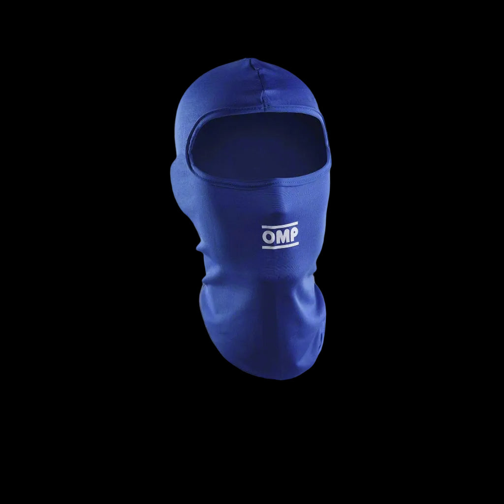 Blue balaclava with OMP logo on a gray background