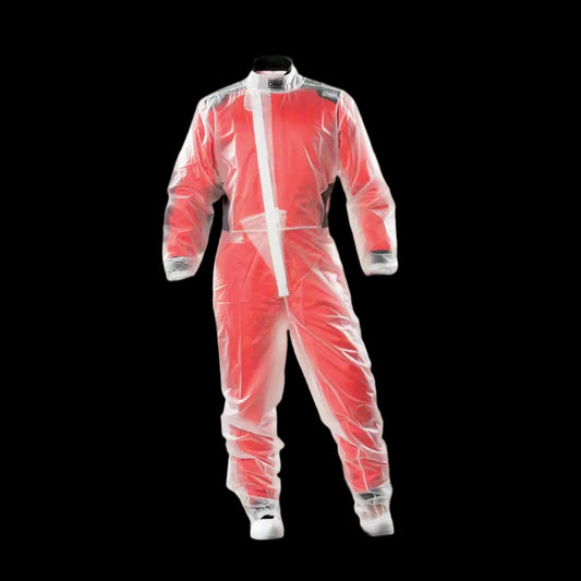 AN OMP transparent waterproof KARTING wet suit with visible adjustable features such as zippers and velcro fasteners.