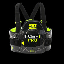 Load image into Gallery viewer, OMP KS-1 PRO rib protection harness for karting, featuring black and fluo yellow colors with adjustable shoulder straps and a shaped front shield.
