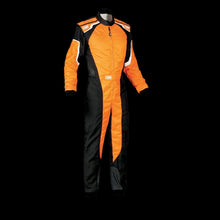 Load image into Gallery viewer, Youth karting suit in black and fluorescent orange with a low-cut neck and long sleeves.
