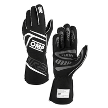 Load image into Gallery viewer, A pair of black OMP 'FIRST' Circuit Racing Gloves with visible brand logo and silicone palm for grip.

