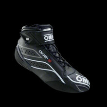 Load image into Gallery viewer, A single black OMP 'ONE-S' circuit racing boot with red accents, featuring a Velcro strap and brand logos on the side.
